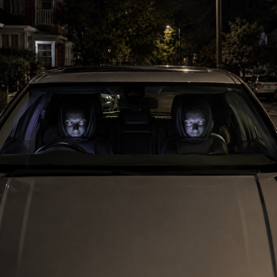 Hauntby™ Silent Stare – Creepy Car Headrest Cover